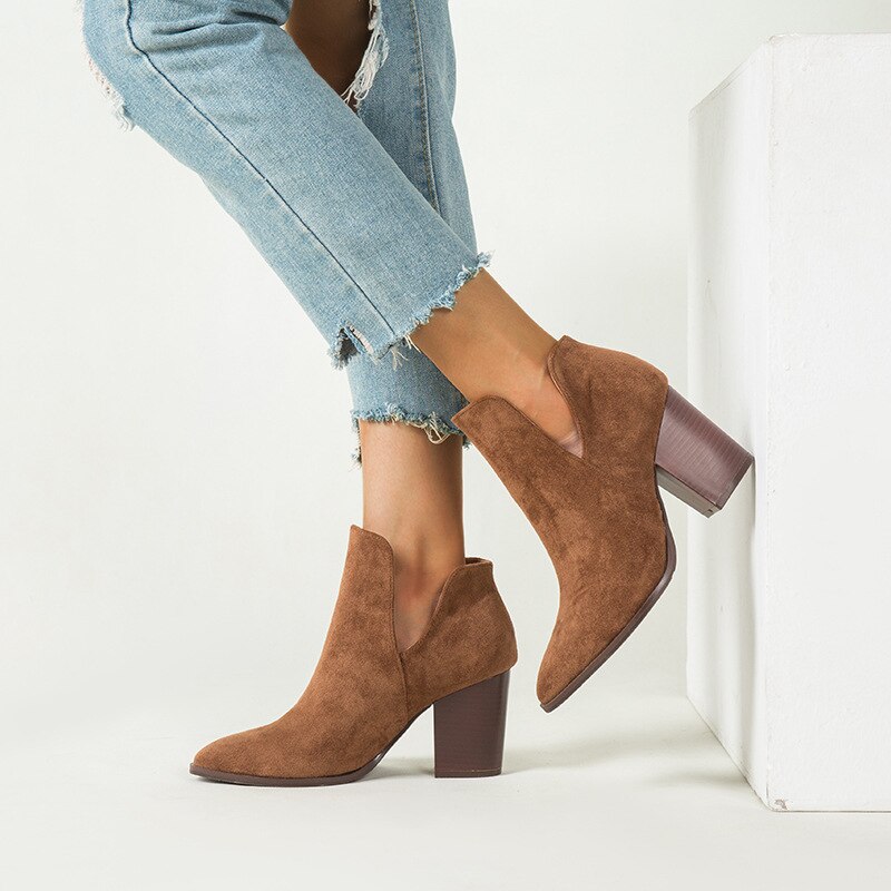 Botines de gamuza sintética para mujer, Botines de tacón alto con cremallera lateral, tacón de bloque alto apilado, sin cordones, estilo vaquero occidental,