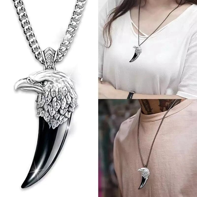 Vintage Punk Eagle Head Spike Pendant Hip Hop Men's Cool Stainless Steel Black Wolf Tooth Pendant Necklace Jewelry