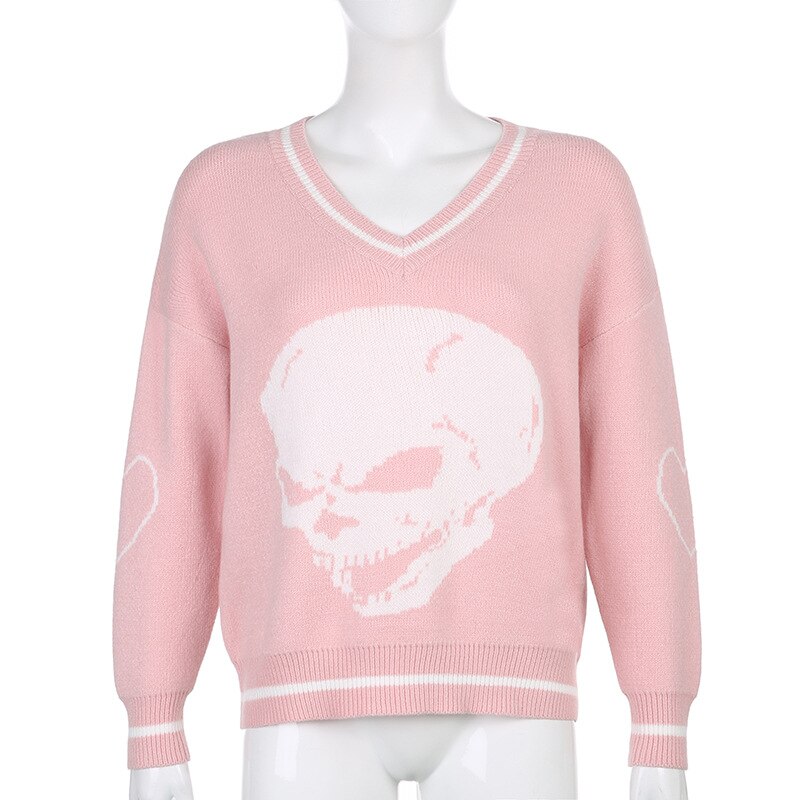 Allneon grunge esthétique crâne graphique tricoté  y2k pulls style punk col en v manches longues pulls surdimensionnés vintage 2000s hauts: S / Rose