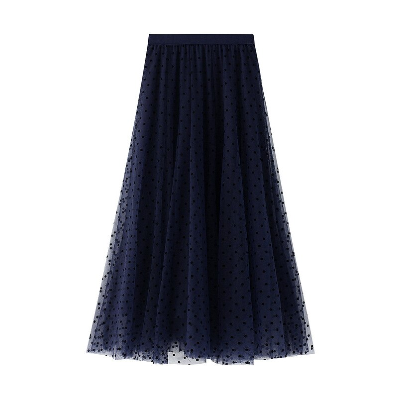 Jupe longue en Tulle pour femmes, Vintage, à pois, noir, kaki, gris, bleu marine, WF0123, été: Navy