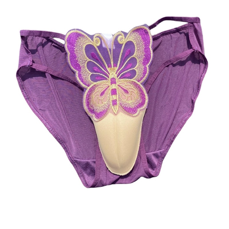 Sexy Men's Lace Underwear CD Cross-dressing Briefs Low-Waist Mesh Hollowed Transparent Butterfly Embroidery Underpants Underwear: XL / Pink