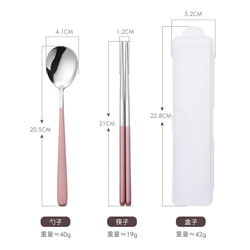 Korean Style 304 Stainless Steel Portable Tableware Set Fork Spoon Chopsticks Three-piece Set Outdoor Travel Tableware Set: 2pcs Pink