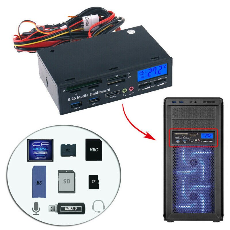 PYMH 5.25 Inch USB 3.0 PC Front Panel Media Dashboard Card Reader HUB SATA PCIE PCE-E