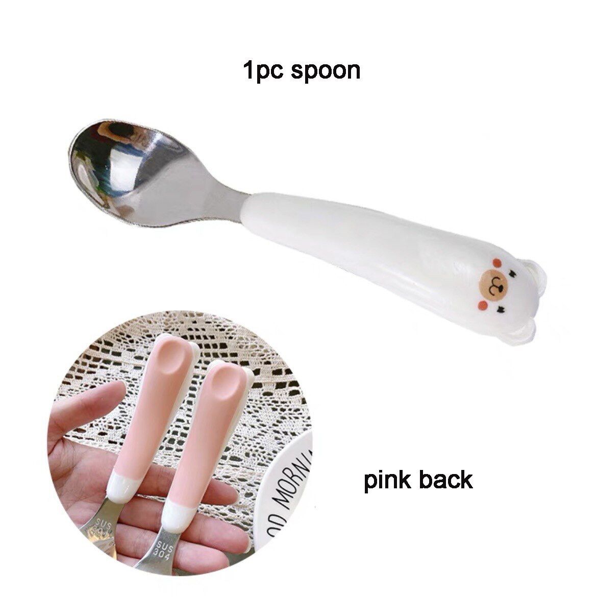 Kawaii Bear Cutlery Set Ceramics Handle 304 Stainless Steel Spoon and Fork Set Kitchen Dinnerware Flatware for Kids Adults: 1pc spoon pink back