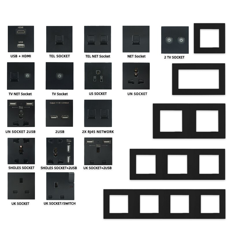 Prise de courant murale Usb, UK US, panneau plastique noir, Module de bricolage, fonction clé, combinaison libre prises électriques prise electrique prise murale prise usb encastrable douille legrand prise murale usb