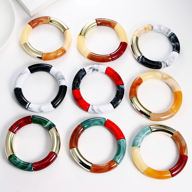 Visschaap goudkleurige acryl armbanden en bangles voor vrouwen hars stretch gebogen kralen buis bedel armband sieraden