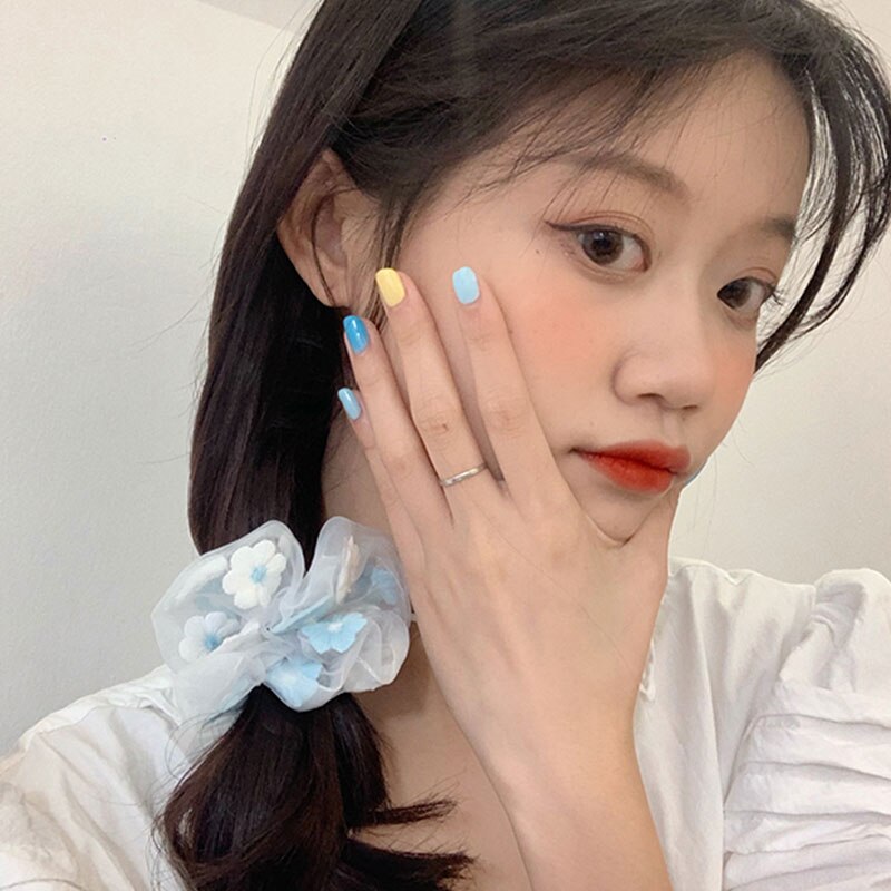 Scrunchies de malla con flores bordadas para mujer, cuerda para el cabello rosa y azul, tul transparente, lazos para el cabello de Organza, accesorios románticos para el cabello