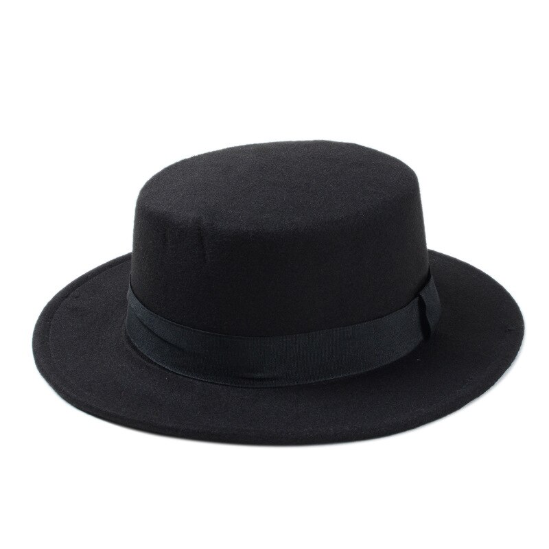 Brand Wool Boater Flat Top Hat For Women's Felt Wide Brim Fedora Hat Laday Prok Pie Chapeu de Feltro Bowler Gambler Top Hat: Black