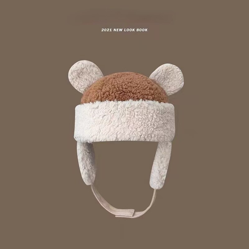 Sombreros de mujer adecuados para cara redonda de felpa, protección para las orejas, orejas de oso, otoño e invierno, sombrero cálido, gorra de bombardero japonesa