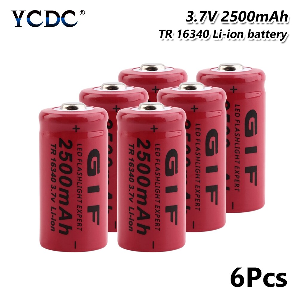 Rechargeable Batteries Torch Flashlight Rechargeable GIF Li-Po Lithium 16340 Battery 2500mAh 3.7V Li-ion Cell Bateria: 6 Pcs