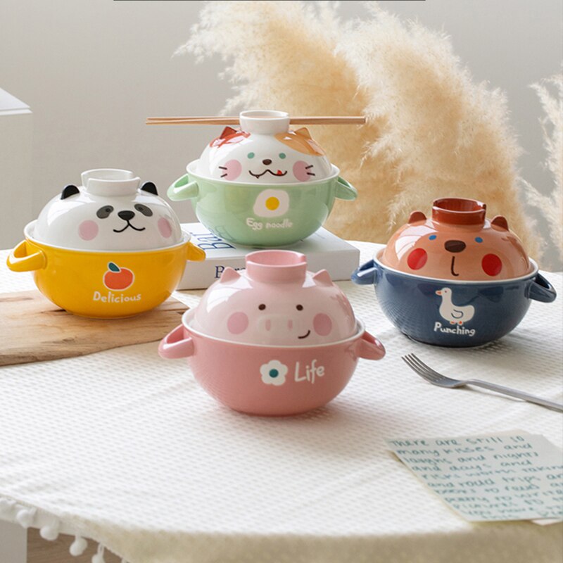 Bol à nouilles instantanées en céramique avec couvercle, cochon mignon Panda Ramen chat Kawaii grand bol à salade soupe aux fruits bol de cuisine, vaisselle
