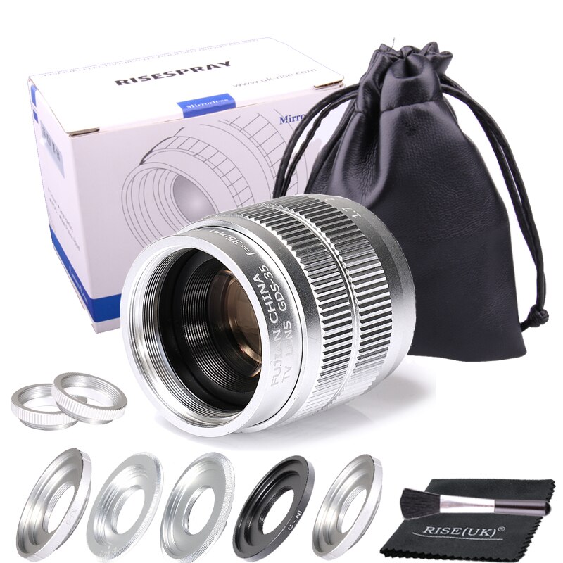 Silber Fujian 35mm f/1,7 APS-C CCTV Objektiv + 5 Adapter Ring + 2 Makro Ring für NEX FX M4/3 NIKON1 EOSM Mirroless Kamera