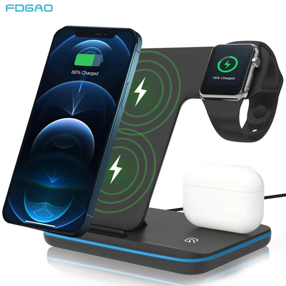 3 In 1 Qi Draadloze Oplader Dock Station 15W Fast Charging Stand Voor Iphone 12 11 Xr Xs X 8 Apple Horloge 2 3 4 5 6 Airpods Pro