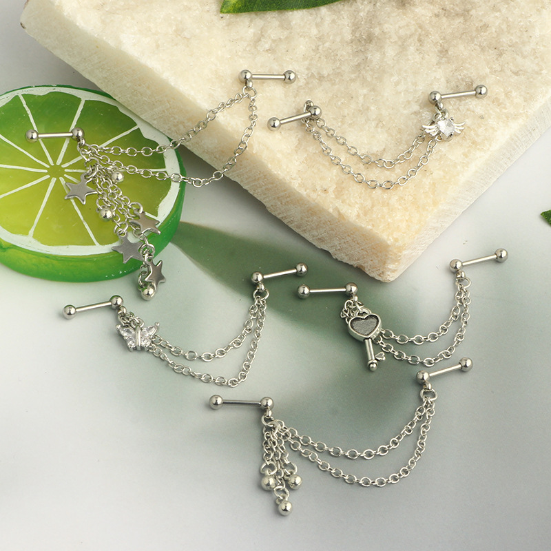 1pc Chain Earrings Stainless Steel Simple Industrial Piercing Love Heart Cartilage Helix Barbell Jewelry for Women