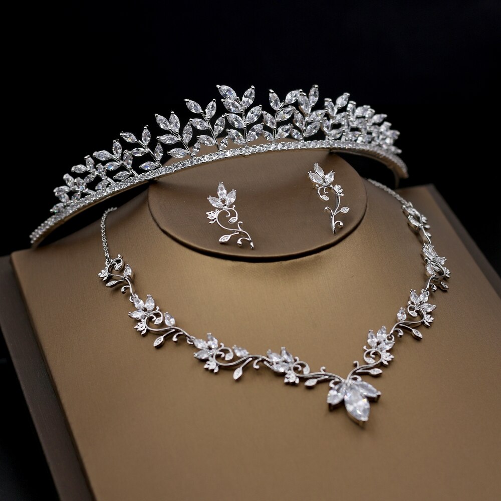 3 Stck Zirkonia Schmuck einstellen Marquise schneiden Zirkon Anlage Prinzessin Hochzeit Tiara Krone Frauen Halsketten Ohrringe