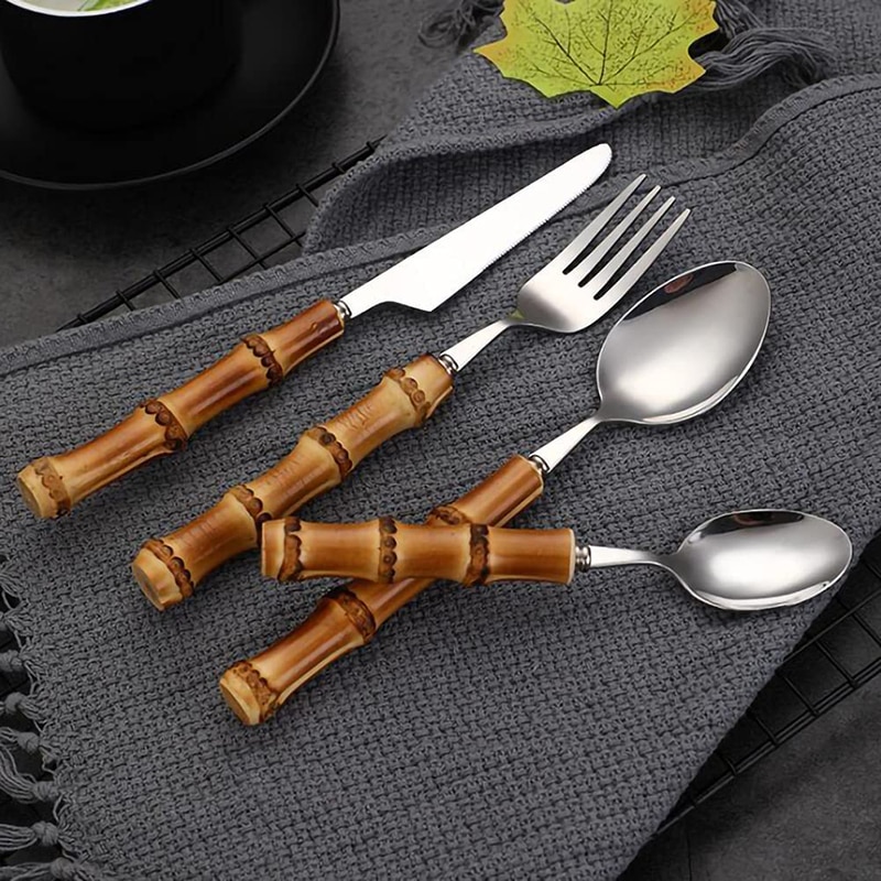 6Stck Natürliche Bambus Griff Geschirr Edelstahl Luxus Geschirr einstellen Steak Messer Nachtisch Gabeln Tee Löffel Gold Besteck