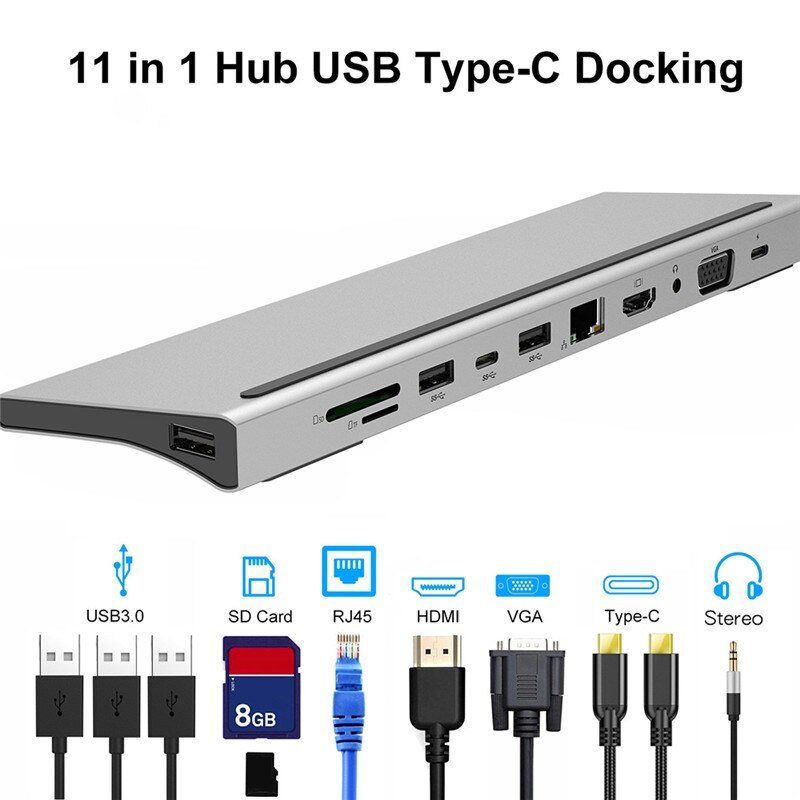 11in1 Typ-C Adapter Hub Für RJ45 Ethernet HDMI-kompatibel HUB Daten/PD Lade 3 USB 3,0 SD/TF Kartenleser/3,5mm Audio Converter
