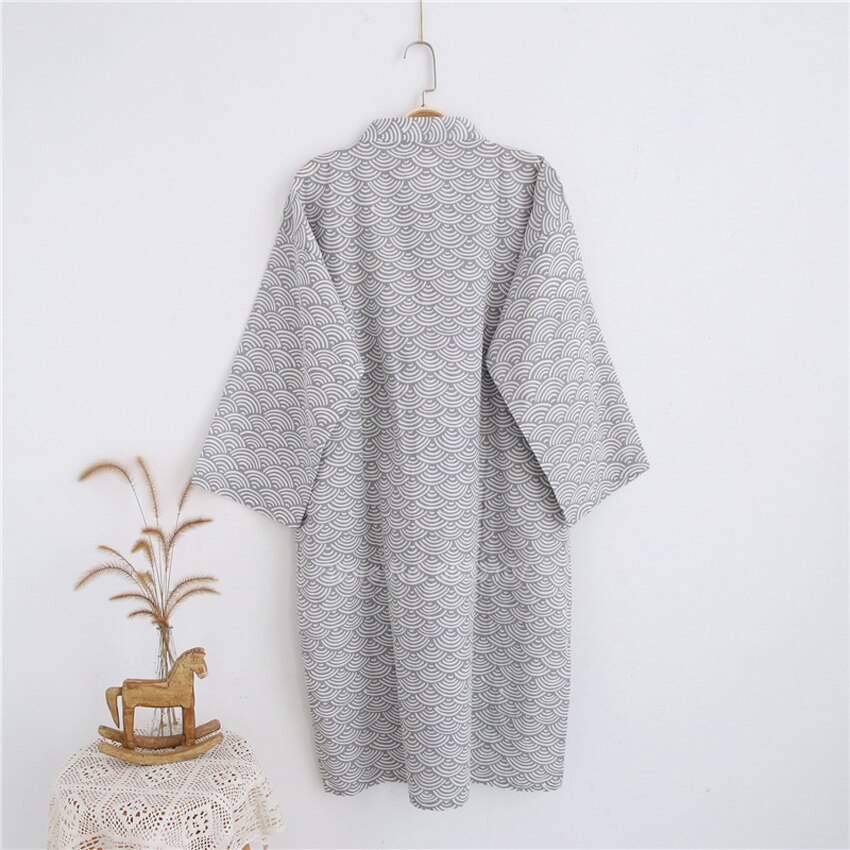 Men Kimono Bathing Robes Cotton Sauna Nightwear Pajamas Wave Print Vintage Japanese Style Yukata Sleepwear Breathable Clothing