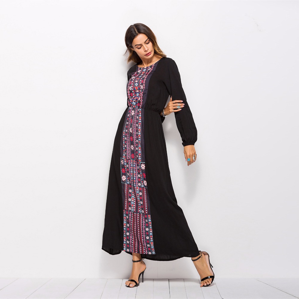 TEXIWAS, vestido de Negro Azul, kimono para mujer, estampado de flores, manga larga, bordado, vestido de línea A, Vestido largo de trabajo Floral