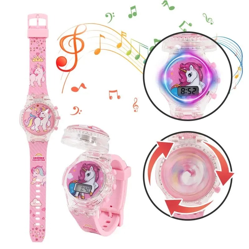 Montre électronique de dessin animé pour enfants, montres-bracelets numériques pour filles, horloge jouet mignonne, lumière flash tournante, de fête Nairobi Orn, musique