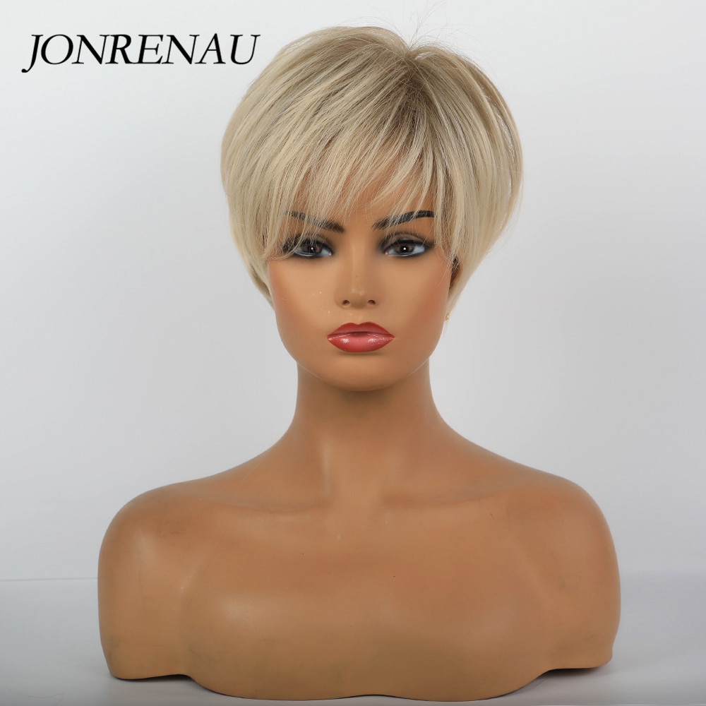 Jonrenau 8 tommer syntetisk kort lige paryk lys blonde brune parykker med pandehår pixie cut parykker til hvide sorte kvinder
