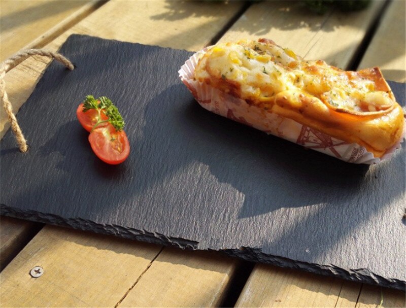 Sling slabs handle Western Natural Slate Dishes Solid Square Stone Sushi Steak BBQ Plate Cheese Pizza Flat Fruit Plate Food Tray