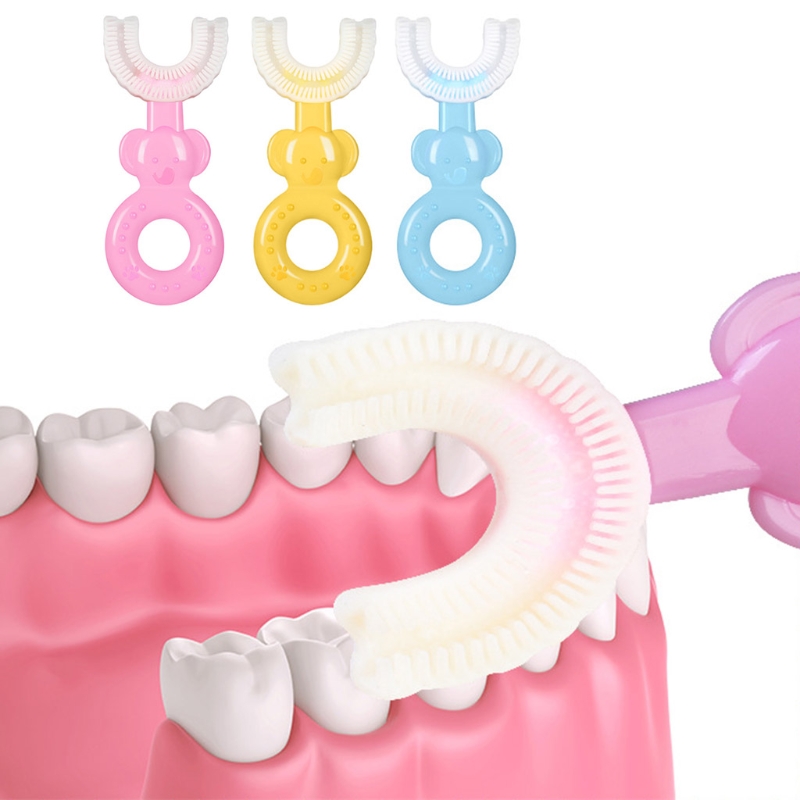 Cabeça macia da escova de dentes do silicone do produto comestível em forma de u das crianças, design oral da limpeza dos dentes de 360 ° para crianças e crianças