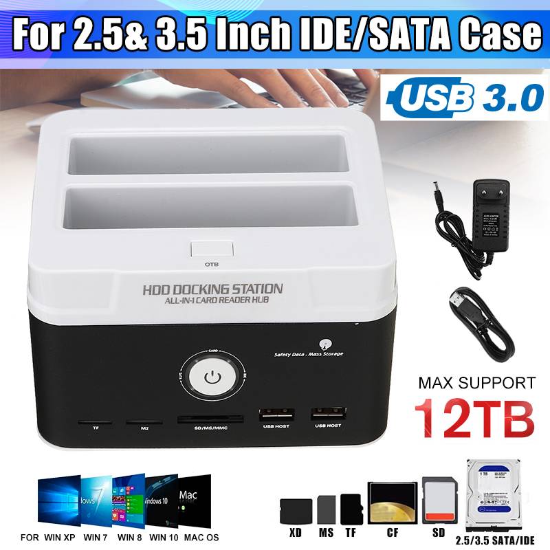 Dual HDD Enclosure Case for 2.5 Inch 3.5 Inch IDE/SATA USB 3.0 for 12TB Hard Disk Drive HDD Docking Station Card Reader Hub