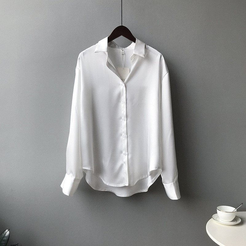 Crriflz forår kvinder lange ærmer satin bluse vintage femme v-hals street skjorter imiteret silke bluse: Hvid / L