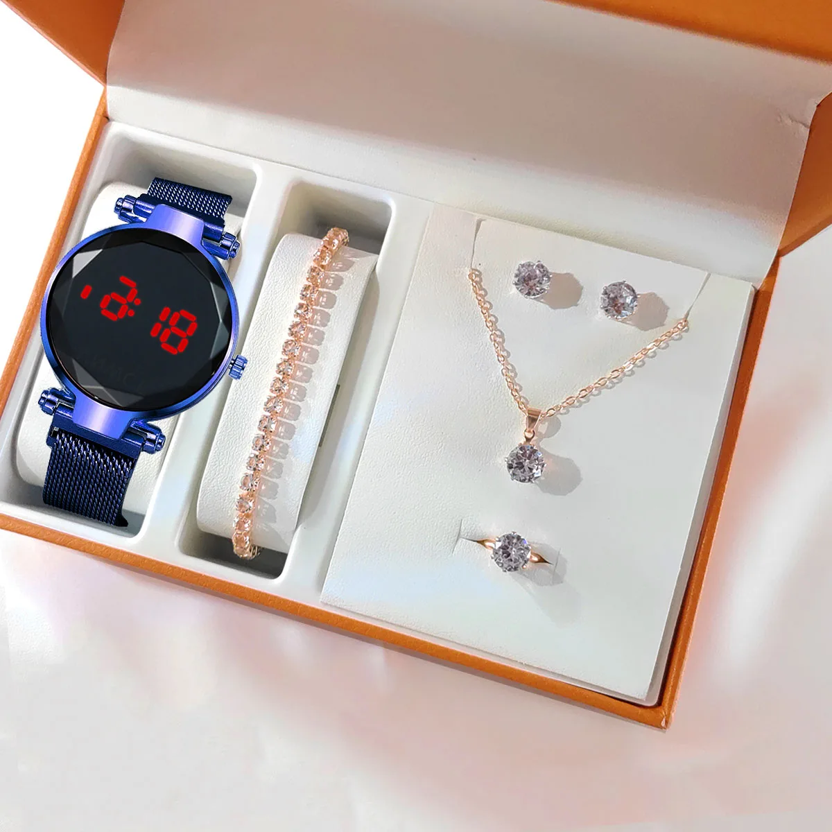 Reloj LED de lujo para mujer, pulsera magnética, collar, pendientes, anillo, reloj de vestir Digital de oro rosa, reloj de pulsera de cuarzo para mujer: Otros