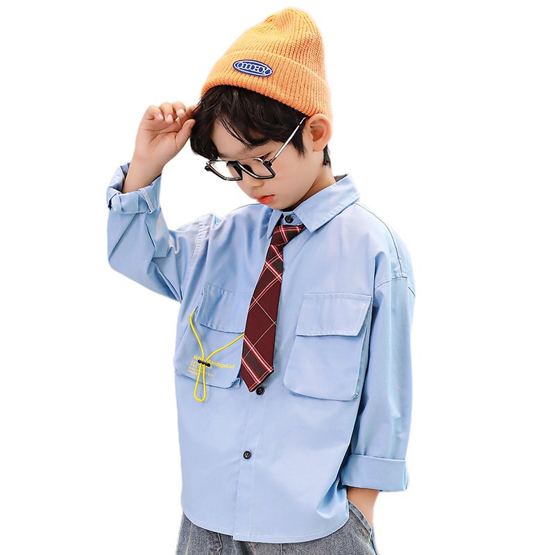 Chemises à la de Style anglais pour enfants, vêtements avec cravate, 100% coton, manches longues, uniforme scolaire pour garçons, offre spéciale