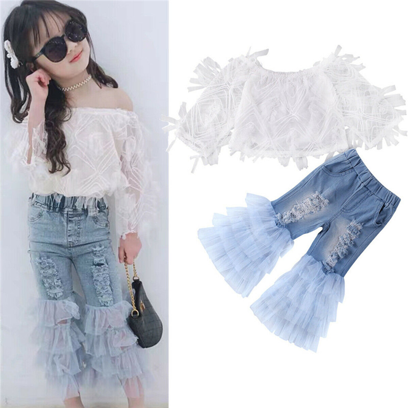 1-6Y Peuter Kids Baby Meisjes Kant Off Shoulder Tops T-shirt Ruche Denim Ripped Gat Broek Outfits Meisje Kleding 2 stuks Set