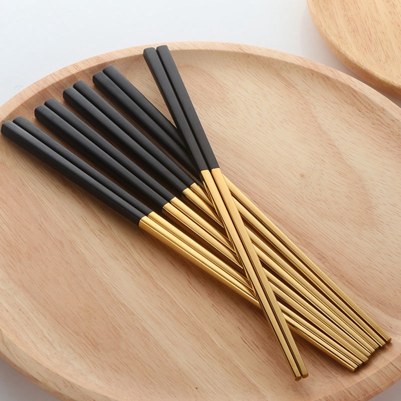 5 par spisepinde rustfrit stål kinesisk guld sæt sort metal huggepinde sæt bruges til sushi spisestue