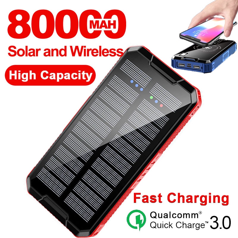 80000Mah Solar Draadloze Power Bank Externe Draagbare Oplader Snel Opladen Led Externe Batterij Voor Iphone Xiaomi Samsung