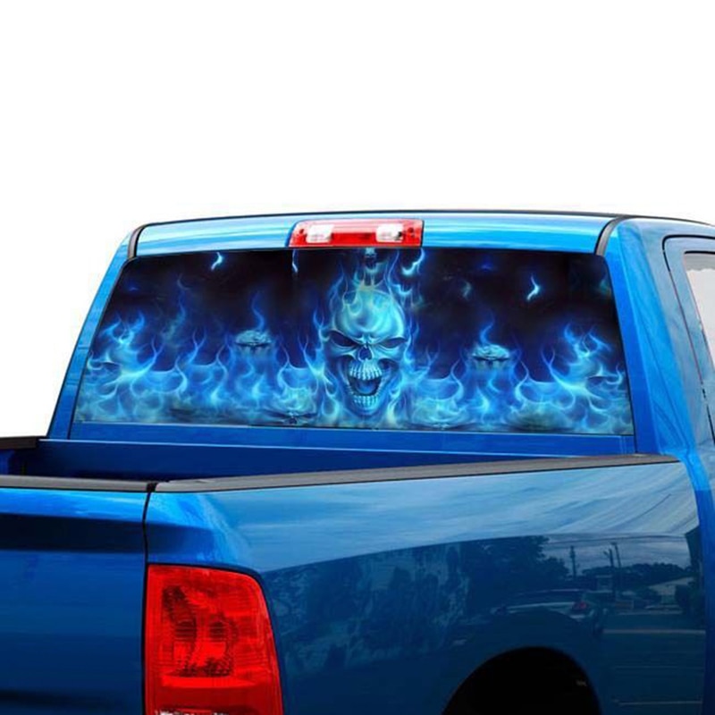 Flaming Skull Graphic Decal Removable Vehicle Truck Flaming Stickers Rear Window Graphic Decal Wrap Back Waterproof 165*56cm