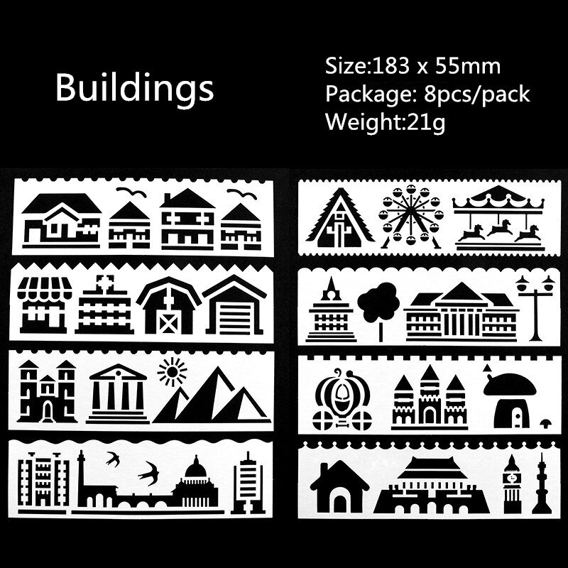 8 Stks/pak Sjabloon Heerser Leuke Multifunctionele Hollow Tekening Liniaal Voor Kinderen Student Briefpapier School Kantoorbenodigdheden: Buildings