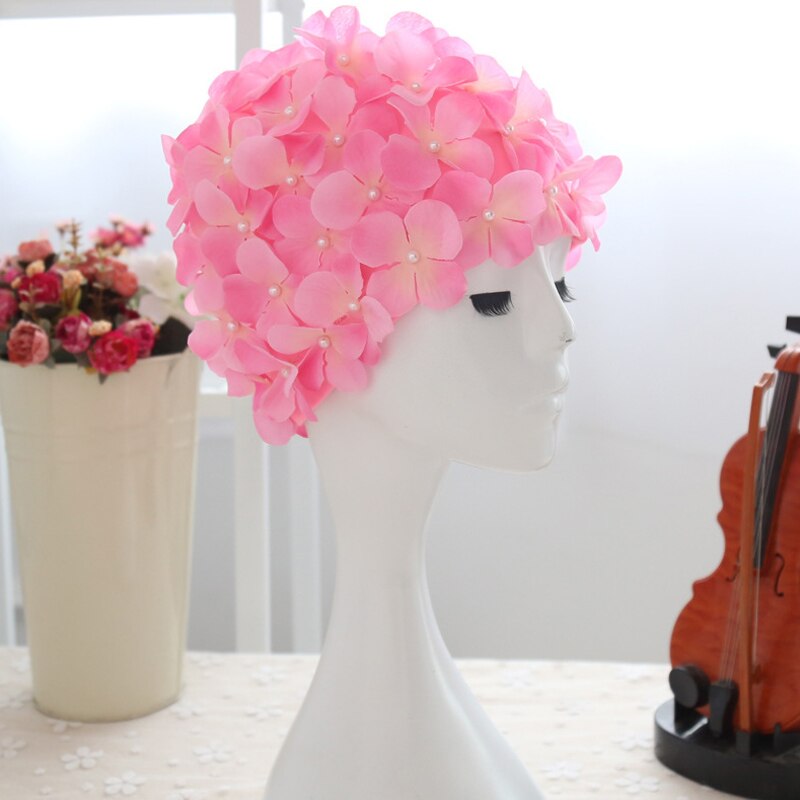 Sombrero de baño con pétalos 3D para mujer, gorro de baño con flores para piscina, novedad de: Rosa