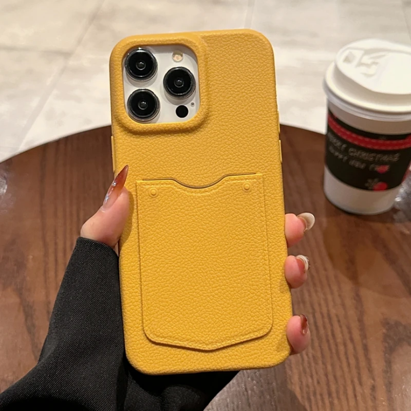 Leather Pattern Card Bag Slot Holder Wallet Case For iphone 13 14 15 16 Pro Max 15 14 Pro Shockproof Soft Silicone Cover: for iphone14 (6.1") / Yellow