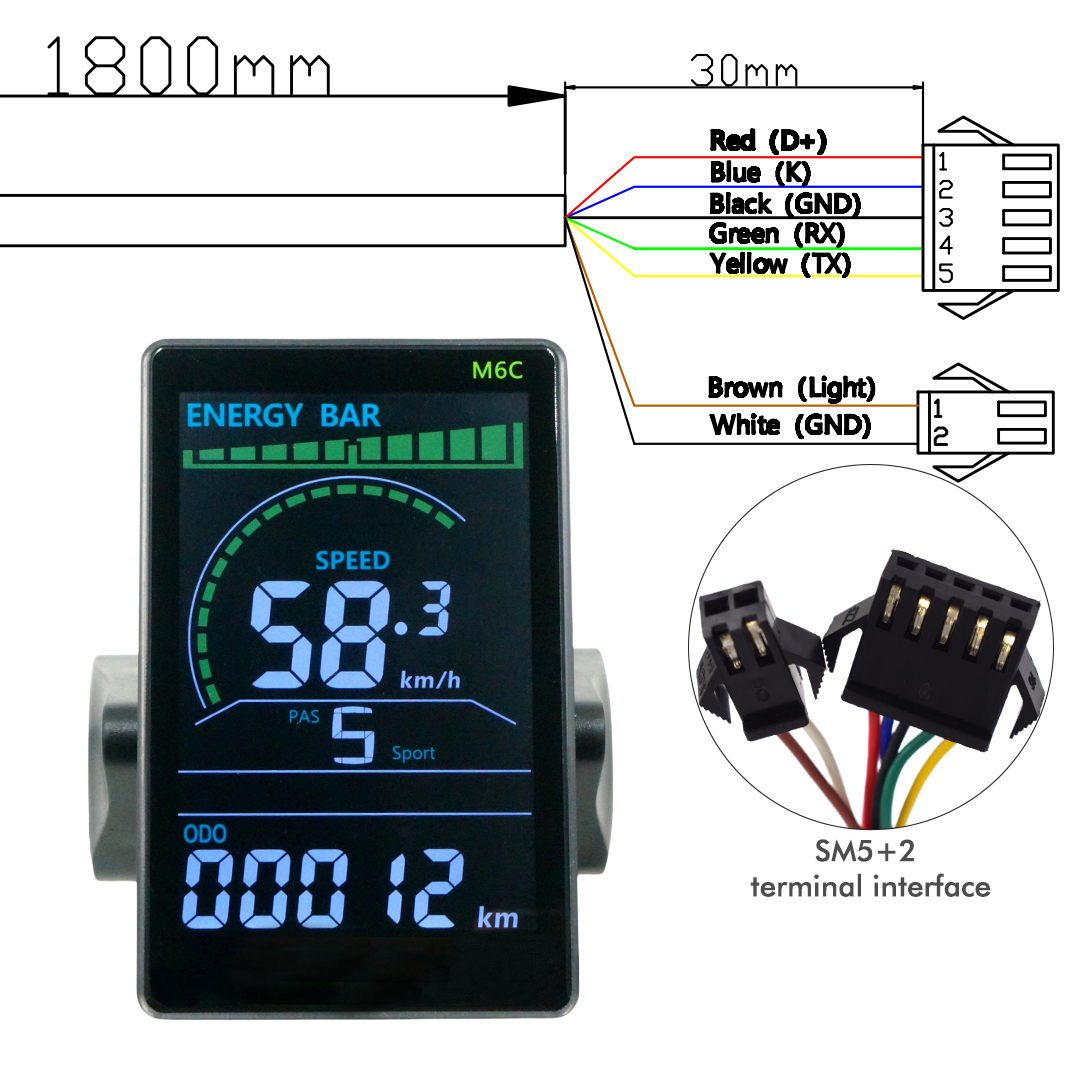 M6C 24V 36V 48V Elektrische Fiets LCD Display Meter Waterdicht E Scooter LCD Panel Kleurenscherm met USB Voor Mountain Elektrische Fiets: plum