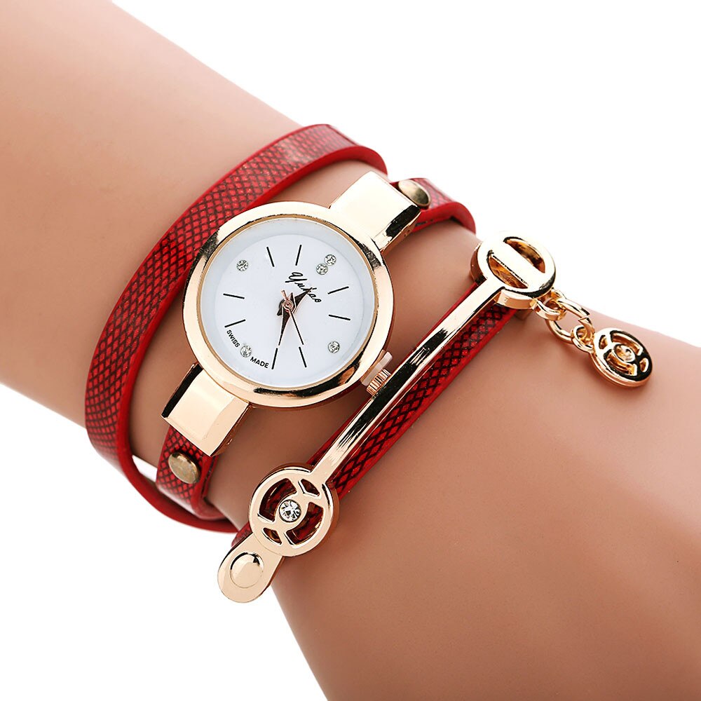 Vrouwen Horloges Casual Armband Horloge Vrouwen Relogio Lederen Rhinestone Analoge Quartz Horloge Klok Vrouwelijke Montre Femme: Rood