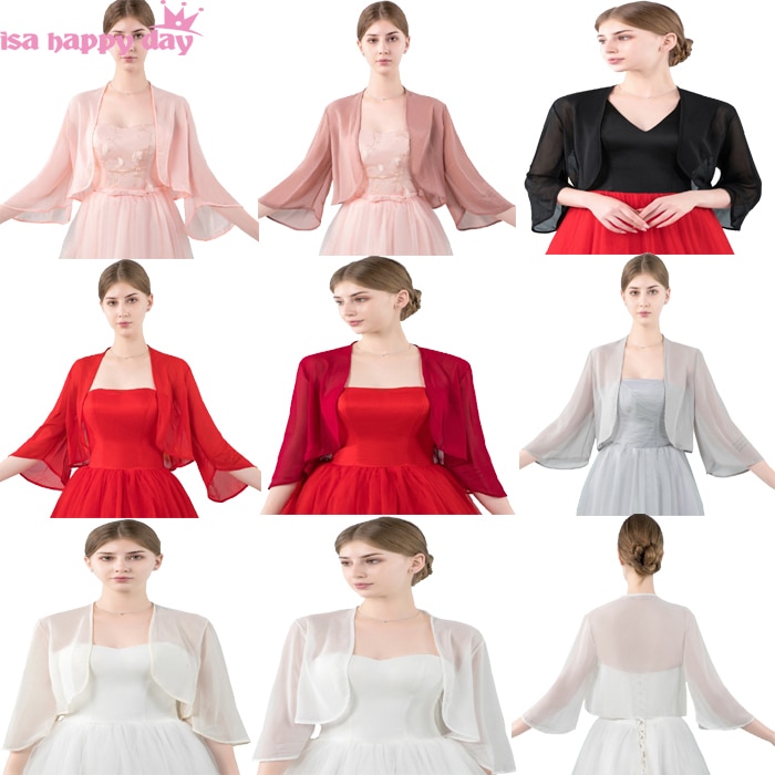 Populær brude sort rød grå blush chiffon jakker wrap bryllup skuldertræk lange ærmer bolero aften gallakjole kvinder