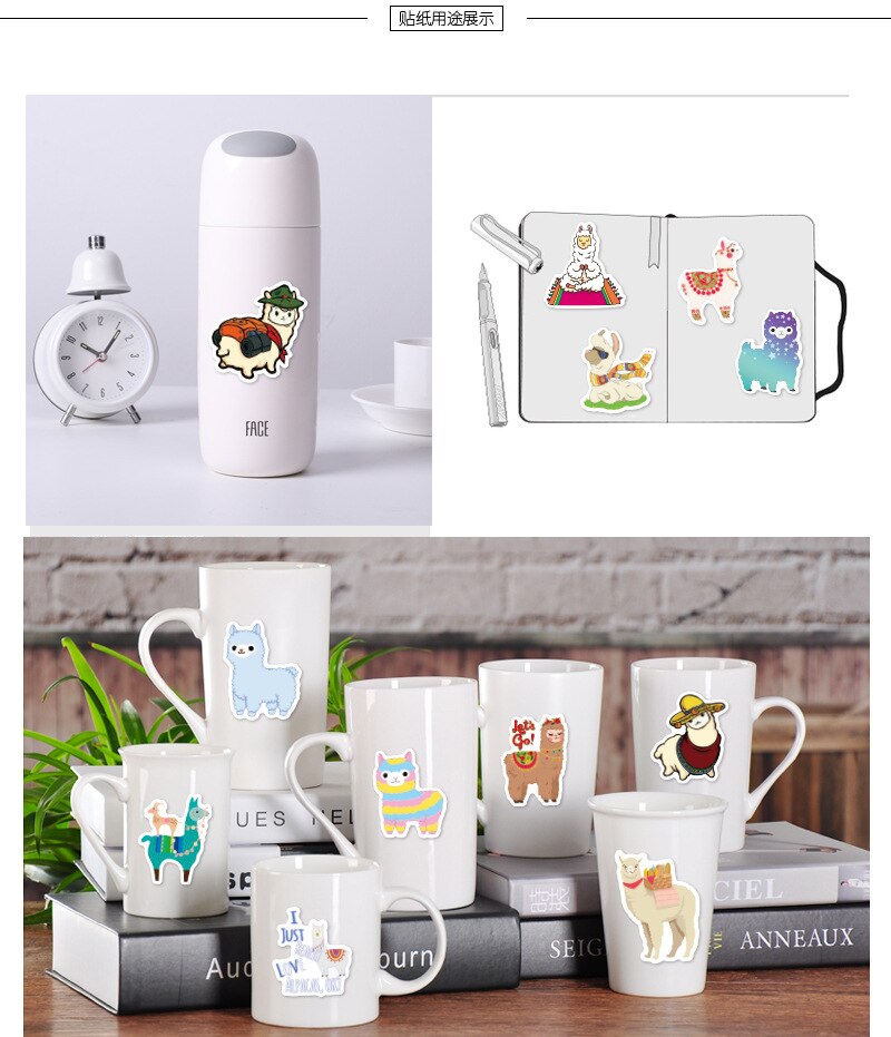 50 pièces lama alpaga mignon autocollant Kawaii dessin animé chameau mouton animaux autocollants pour enfants récompense autocollants Scrapbooking vélo voiture décalcomanie