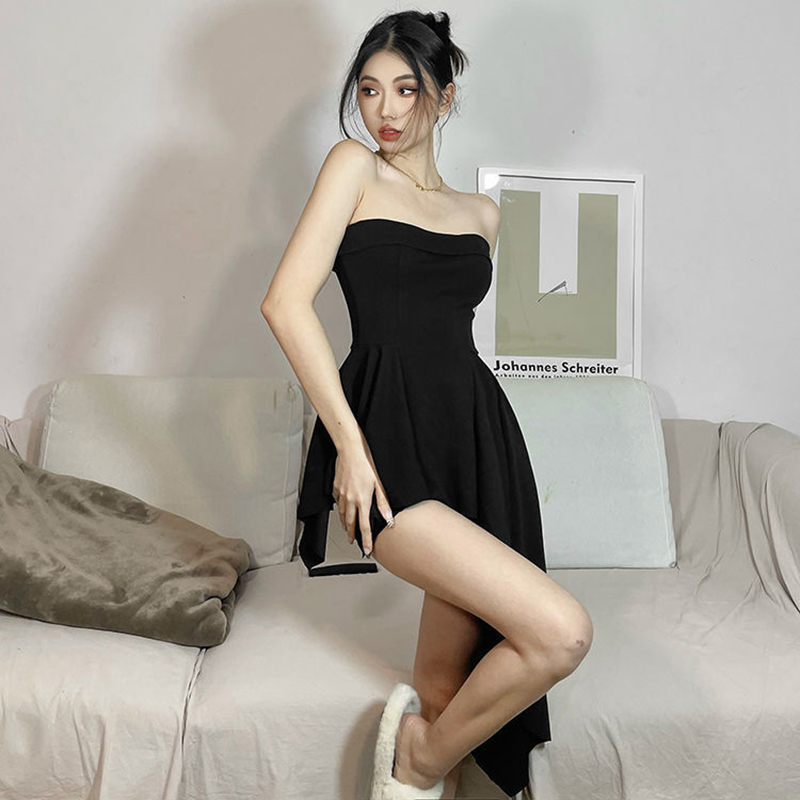 gotisch Schwarz Rohr oben Kleid Frauen Sommer Unregelmäßige schlank passen eine Linie Kleid Y2K Koreanische Streetwear Ärmelloses Mini Kleid