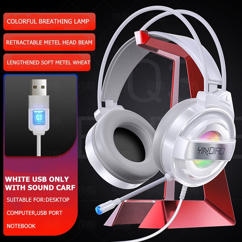 Wireless&Wired Bluetooth headphone with microphone Gaming headset Surround Sound Stereo with USB Light headphone for pc gamer: White USB