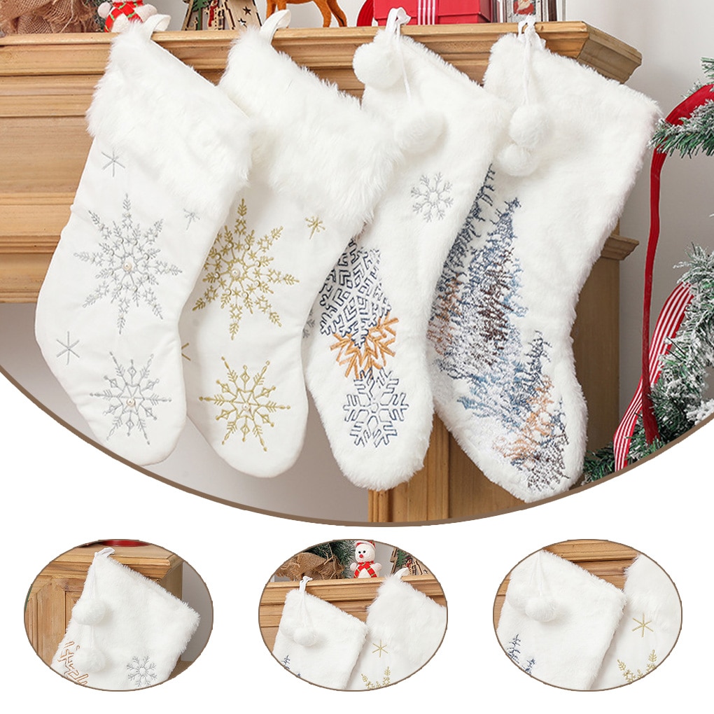 Kerstsok Ornamenten Wit Pluche Snoep Sokken Bags Kerstboom Haard Decoratie Jaar Cadeau