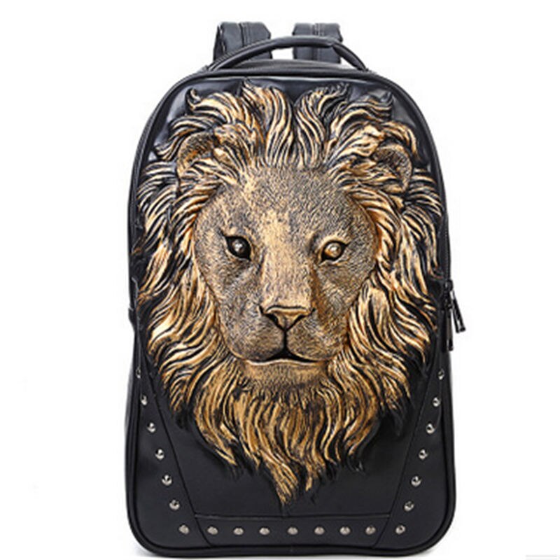 Halloween Party Tide Men Personality Animal Print Backpack Gothic Motorcycle 3D Lion Prints Backpack: Gold