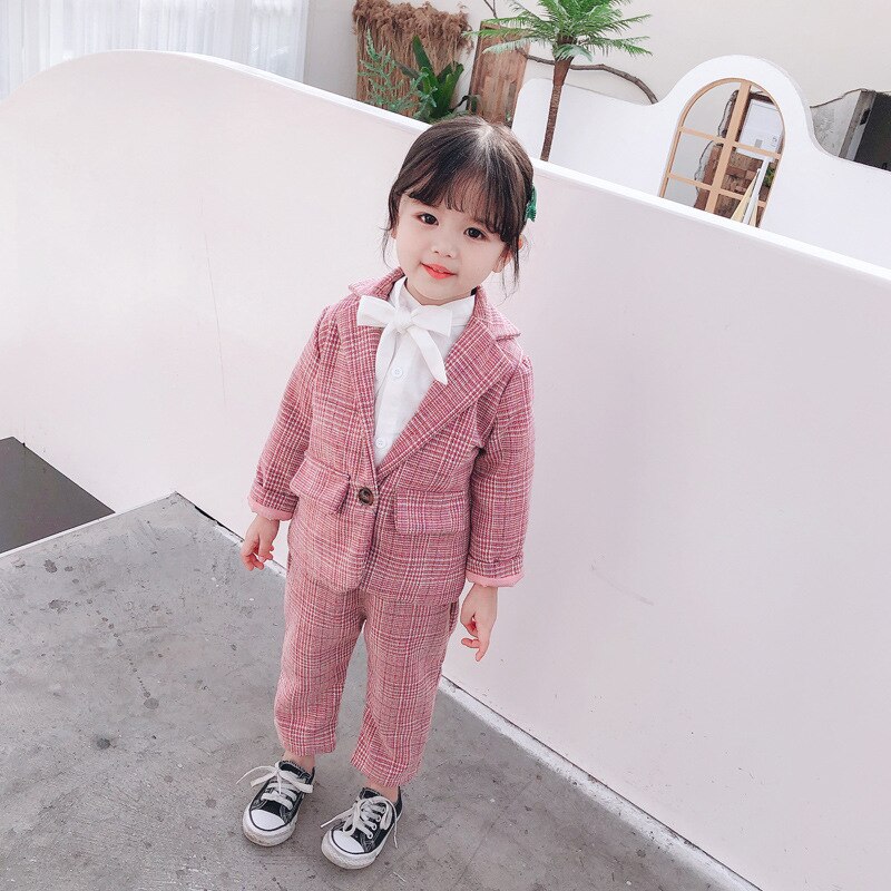 Costumes en coton pour bébé fille de 12 mois à 8 ans, Costume d&#39;école à carreaux, blazer pour enfant en bas âge, ensemble de vêtements pour enfant: Rose / 18M