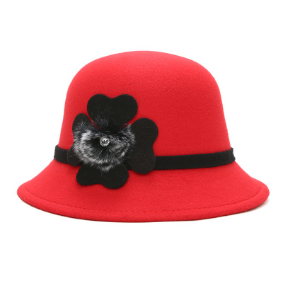 SUOGRY Vintage Stylish Fall Winter Fedoras Hat For Women Hairball Hat For Lady Girls Floppy Cartola Female Felt Bowler Cap: red
