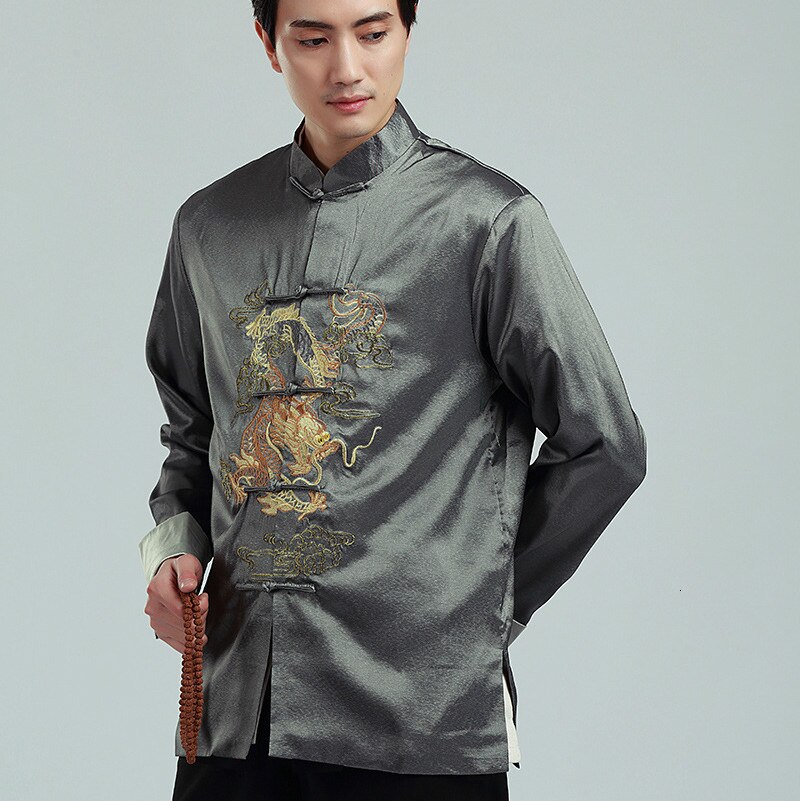 Chaqueta de dragón bordada de estilo chino tradicional para hombre, Hanfu, blusa, traje Tang, camisas de kungfú, Tops, chaqueta