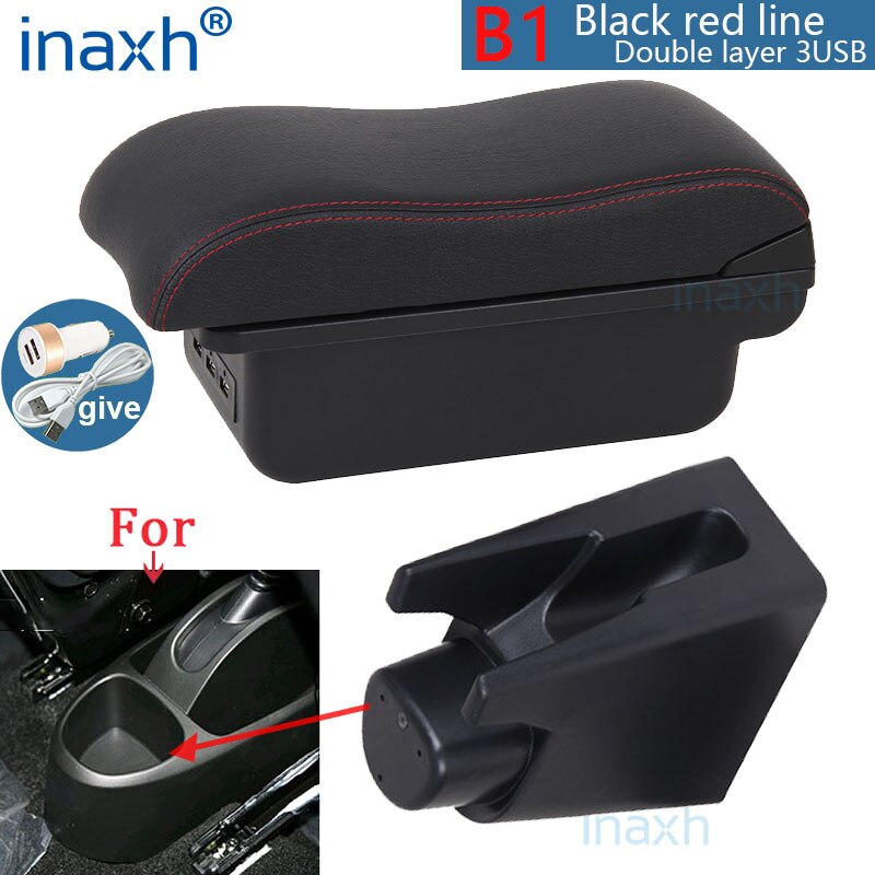 For Peugeot 107 Armrest Interior Parts special Retrofit parts Car Armrest Center Storage box USB LED Curved surface: B1 Black red 3USB